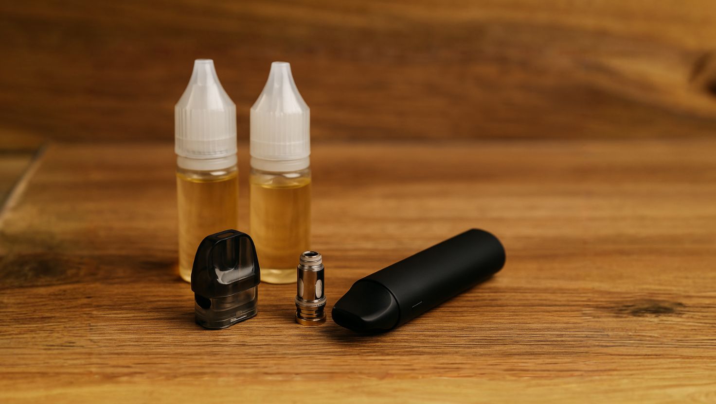 Realistische Darstellung von E-Zigaretten-Zubehör mit Liquidflaschen, Pod und Verdampfer auf Holz – symbolisiert Ursachen für Geschmacksverlust beim Dampfen