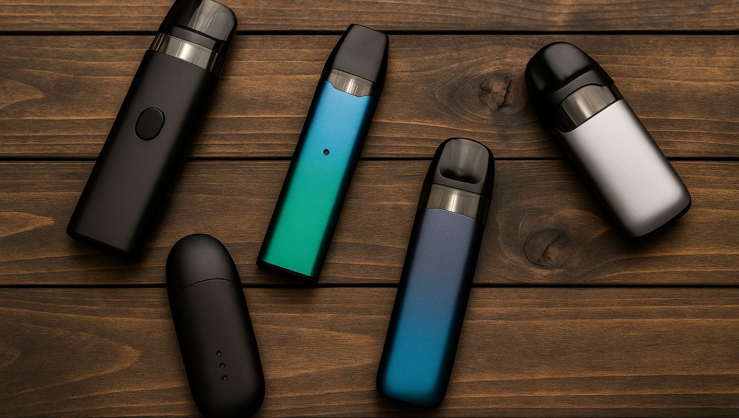 Unterschiedliche Pod-Systeme für E-Zigaretten auf Holzoberfläche – realistische Übersicht für Einsteiger im Dampfen